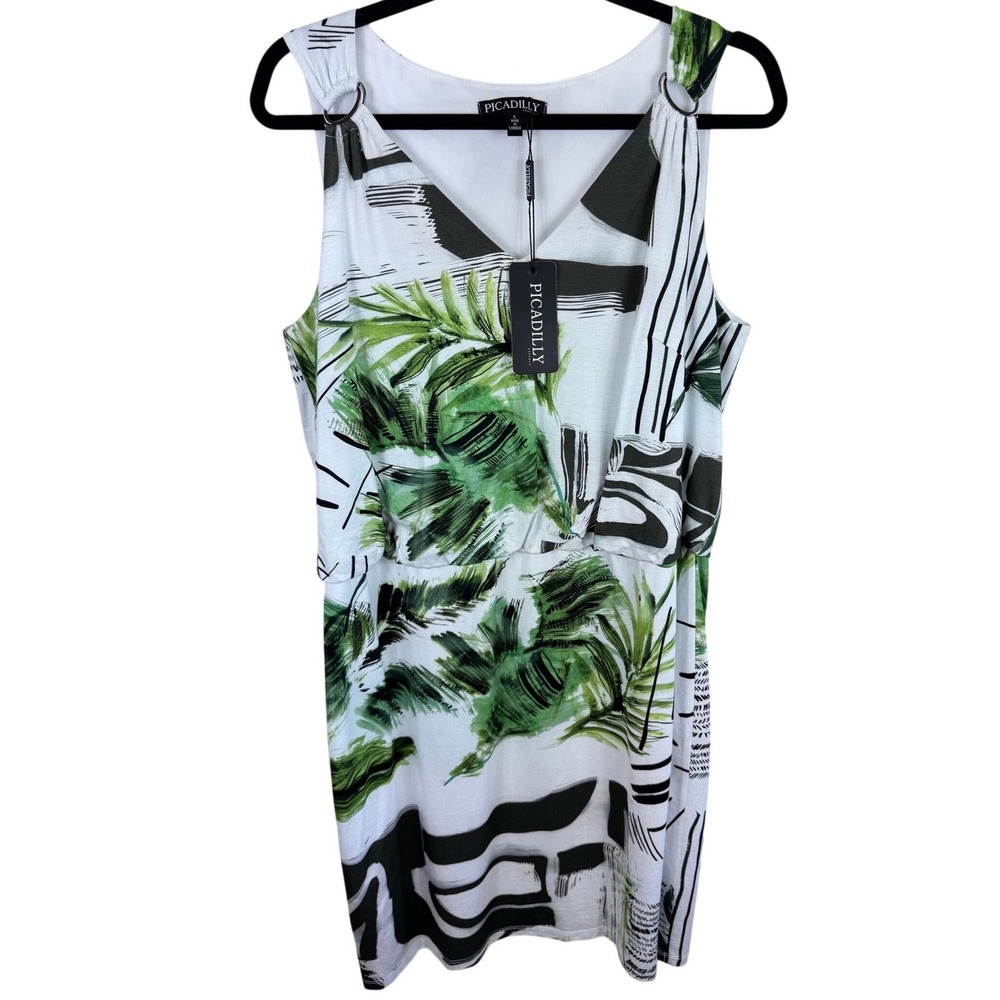 Picadilly Canada Womens Green Tropical Palm Print V-Neck Dress O-Ring Large NWT